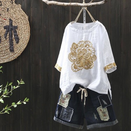 New Literary Retro Golden Embroidery Imitation Cotton Linen Pullover Short Sleeve T-Shirt Women Loose Top